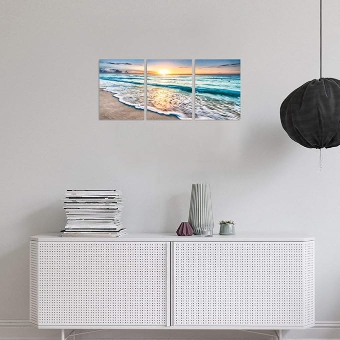 TutuBeer 3 Panel Beach Canvas Wall Art for Home Decor Blue Sea Sunset White Beach Painting the Picture Print on Canvas Seascape the Pictures for Home Decor Decoration,Ready to Hang