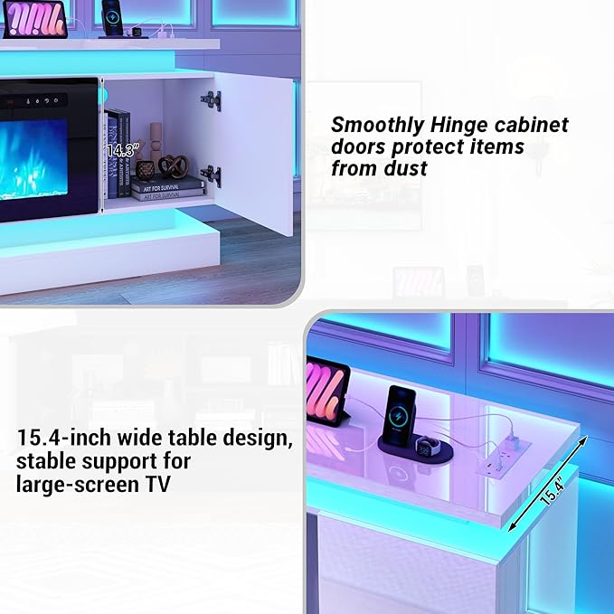 chartustriable 81IN LED TV Stands w/50 inch Fireplace Power Outlet for 90/85/80/75 Inch TVs,High Glossy Tall Modern TV Media Console Gaming with 2 Storage Cabinets,Dual LED Lights,White