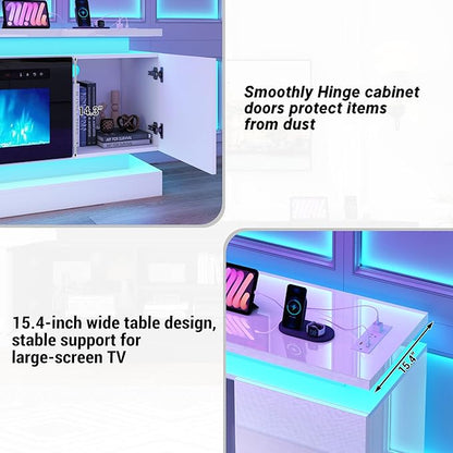 chartustriable 81IN LED TV Stands w/50 inch Fireplace Power Outlet for 90/85/80/75 Inch TVs,High Glossy Tall Modern TV Media Console Gaming with 2 Storage Cabinets,Dual LED Lights,White
