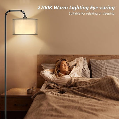 PARTPHONER LED Floor Lamp for Living Room, Modern Standing Lamp with Foot Switch Grey Organza Fabric Shade Tall Pole Reading Lamp for Bedroom Study Room Office, 9W Bulb Included