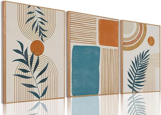 Bwodke Boho Wall Art, Framed Abstract Wall Art, Botanical Neutral Canvas Wall Decor, Large Mid Century Plant Pictures Set of 3, Modern Minimalist Paintings for Bedroom Living Room Bathroom