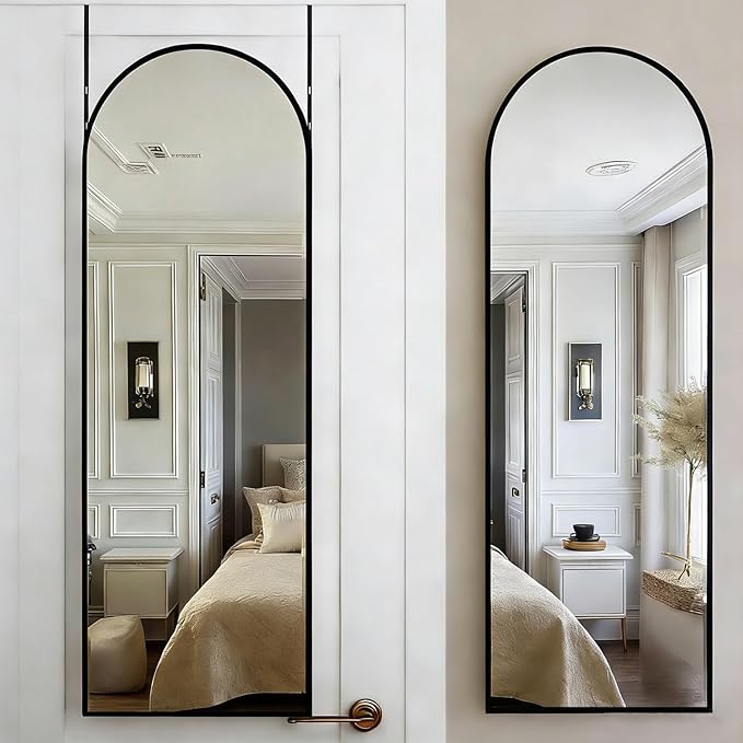 DMWOODFL 50"x16" Black Arched Over The Door Mirror, Adjustable Height Full Length Mirror with Shatterproof Glass & Aluminum Frame, Wall Mounted Hanging Mirror for Bedroom Living Room Bathroom Dorm