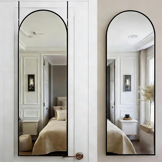 DMWOODFL 50"x16" Black Arched Over The Door Mirror, Adjustable Height Full Length Mirror with Shatterproof Glass & Aluminum Frame, Wall Mounted Hanging Mirror for Bedroom Living Room Bathroom Dorm