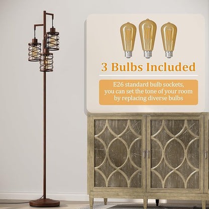 Oneach 70" Industrial Floor Lamp, Stepless Dimmable Standing Lamp with 3 Bulbs, Farmhouse Corner Standing Tree Lamp for Living Room, Tall Lamps for Bedroom, Office, Study Room, Dining Room