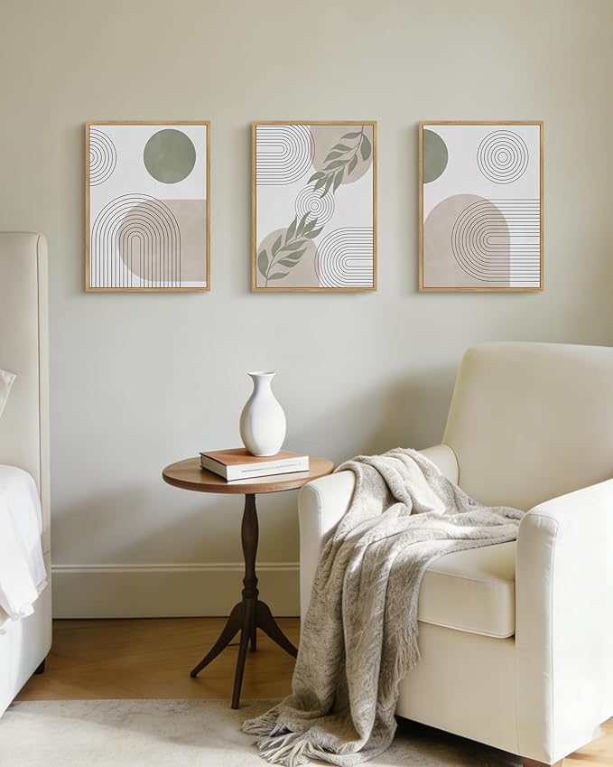 Drsoum Green Botanical Boho Wall Art Framed Modern Bohemian Sage Wall Decor Abstract Geometry Lines Prints Ready to Hang 11x14in Natural Framed