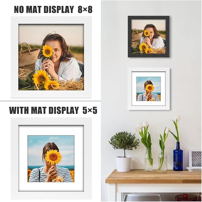 8x8 Picture Frame Rustic White Wood Set of 6,Display Pictures 5x5 with Mat or 8x8 Without Mat,Multi Photo Frames Collage for Wall or Tabletop Display