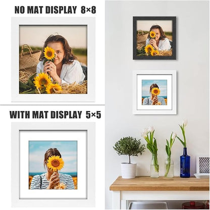 8x8 Picture Frame Rustic White Wood Set of 6,Display Pictures 5x5 with Mat or 8x8 Without Mat,Multi Photo Frames Collage for Wall or Tabletop Display