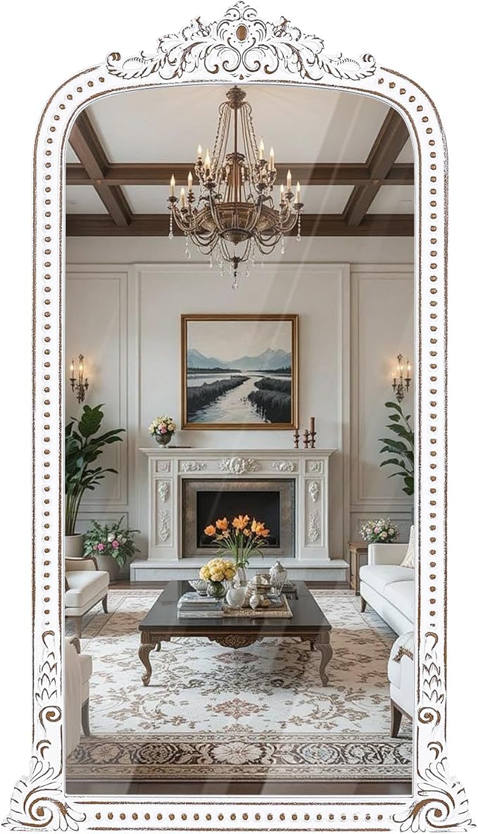 HOITUZYUS French Vintage Statement Full Length Mirror: 47x27 Inch Baroque Arched Floor Mirror - Wooden Ornate Long Body Mirrors Home Decor for Wall, Dressing Room, Bedroom, Cloakroom, Entryway