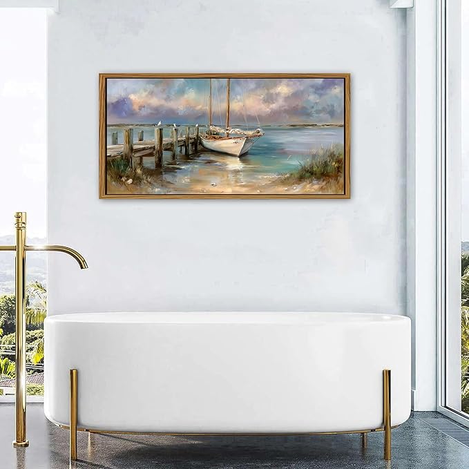 Vintage White Boat Wall Art Framed Coastal Wall Decor Bathroom Bridge Dock Decorations Vintage Ocean Beach Landscape Picture Canvas Prints Seascape Seagull Poster Artwork Living Room Decoration 24x48