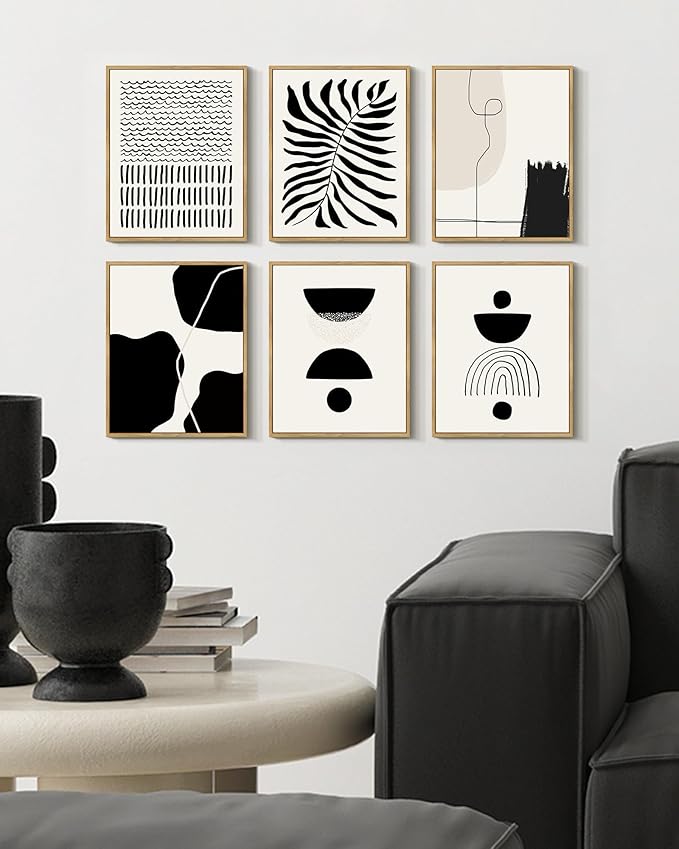 KUVIOKE Black Abstract Framed Wall Art Boho Room Decor Set of 6 Minimalist Geometric Line Art Bohemian Mid Century Modern Prints for Bedroom Living Room 8x10in (Natural Framed)