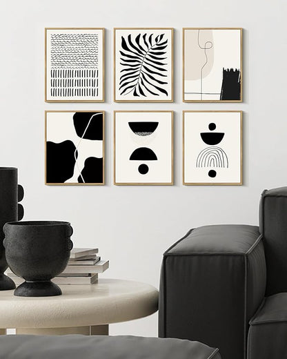 KUVIOKE Black Abstract Framed Wall Art Boho Room Decor Set of 6 Minimalist Geometric Line Art Bohemian Mid Century Modern Prints for Bedroom Living Room 8x10in (Natural Framed)
