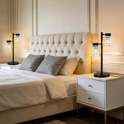 MantoLite Table Lamps with Clear Crystal Glass, Modern 2-Light Desk Lamps with Black Metal Base, Plug-in Bedside Lamp for Nightstands Bedroom, Office, Living Rooms