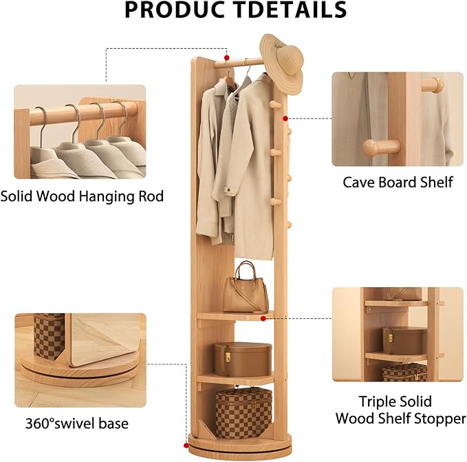 WoodsWhisper Full Length Mirror Coat Rack Solid Wood Floor Mirror 70"x16" Full Length Mirror with Stand Long Mirrors for Bedroom,Living Room (Natural, 70" L x 16" W)