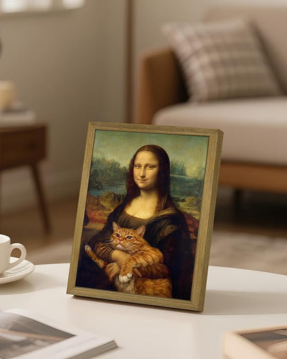 Funny Mona Lisa Cat Wall Art, Vintage Renaissance Mona Lisa Holding Orange Tabby Cat Canvas Print, Classic Abstract Art Painting Poster for Bathroom Living Room Bedroom Home Decor 8x10 Inch Framed