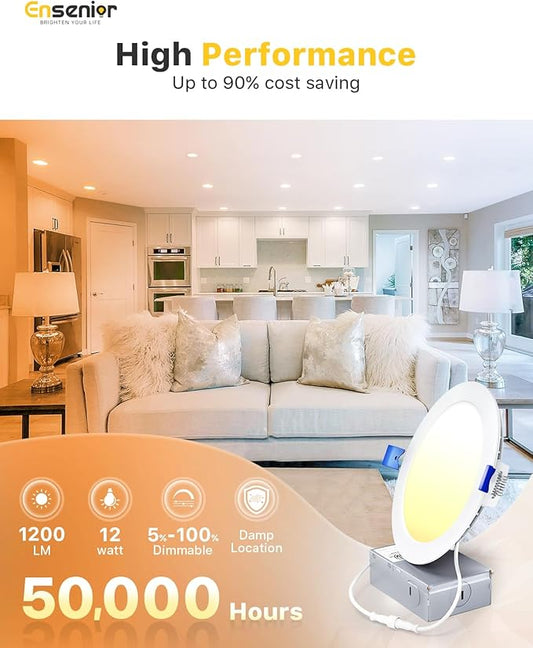 Ensenior 6 Pack 6 Inch LED Recessed Light, Dimmable, 2700K-5000K 5CCT, 1200LM High Brightness, 12W 120V, Damp Rated, ERL-12X-ETL, Ultra-Thin Canless Wafer Ceiling Light - ETL & FCC & IC