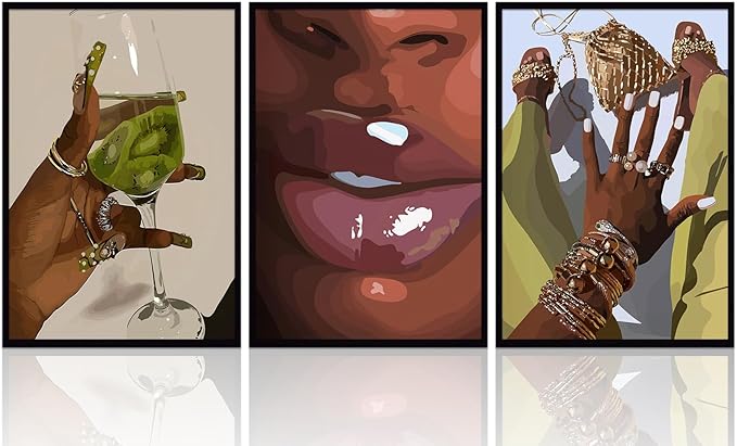 NOSUO Black Wall Art African Woman Canvas Wall Decor Unframed American Black Women Wall Art Black Female Print Pictures Fashion Abstract Poster for Home Bedroom Bathroom 16x24 Inch Set of 3