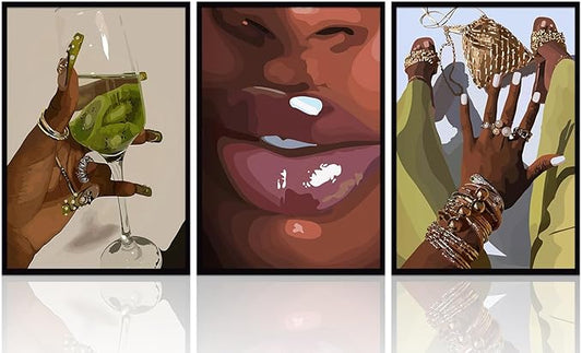 NOSUO Black Wall Art African Woman Canvas Wall Decor Unframed American Black Women Wall Art Black Female Print Pictures Fashion Abstract Poster for Home Bedroom Bathroom 16x24 Inch Set of 3