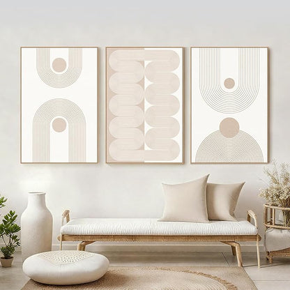 SAFERRYHOME Boho Abstract Wall Art Set of 3, Mid Century Neutral Framed Canvas Print Beige Modern Wall Decor, Geometric Line Artwork for Living Room Bedroom Office,Ready to Hang, 16"x24"