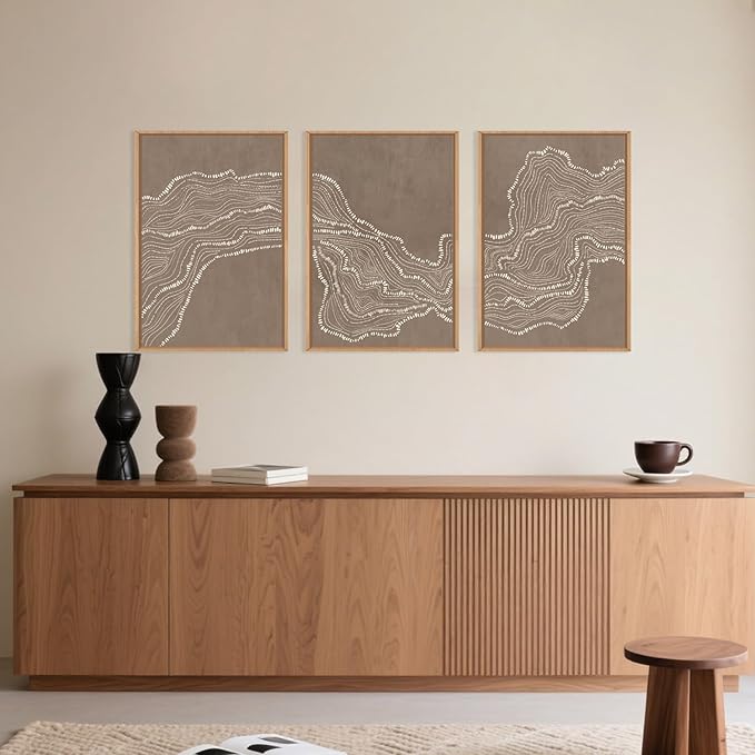 Abstract Line Wave Framed Canvas Wall Art Set,Geometric White Tan Dot Art Painting,Modern Minimalism Wall Decor,Neutral Art Print for Living Room,Bedroom,Dining Room,Office Decor-24 x36 x3