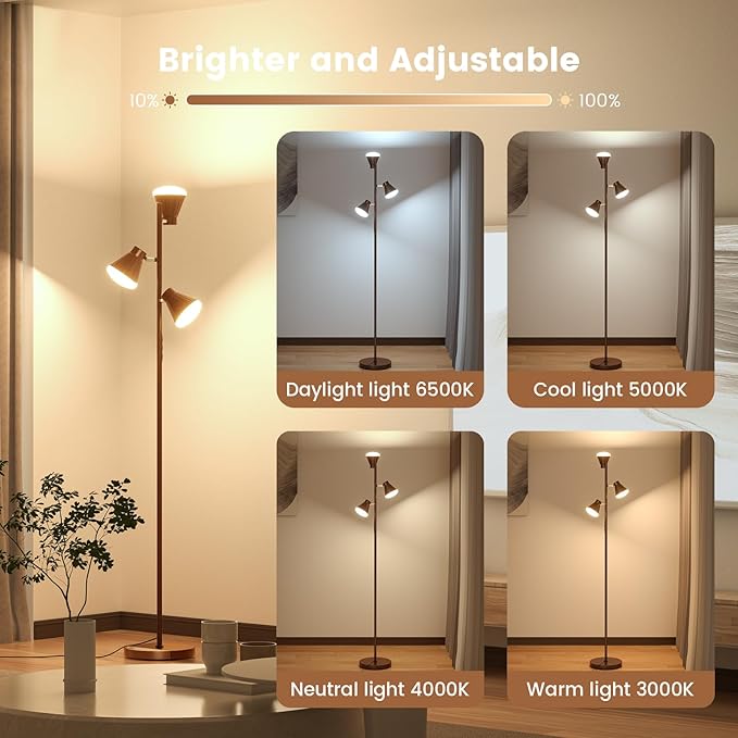SIBRILLE 36W LED Tree Floor Lamp, Dimmable Tall Standing Lamp with Remote & Touch Control, 4 Color Temperatures Bright Floor Lamp, 3 Rotatable Light Modern Floor Lamps