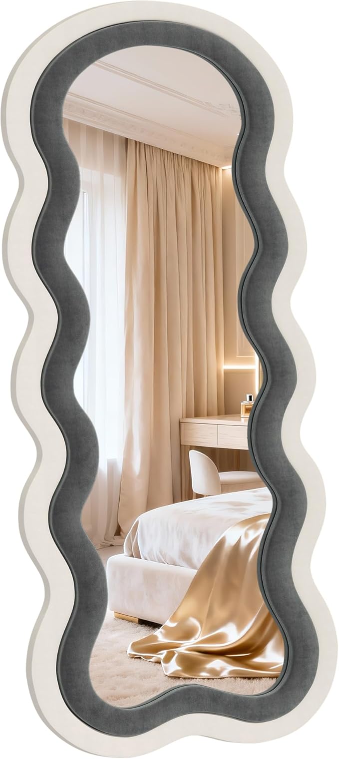 Wavy Full Length Mirror, 63"×24" Full Body Mirror with Stand, Irregular Flannel Floor Mirror Hanging or Leaning Wall for Living Room/Bedroom/Dressing Room/Dorm,Ideal for Mom