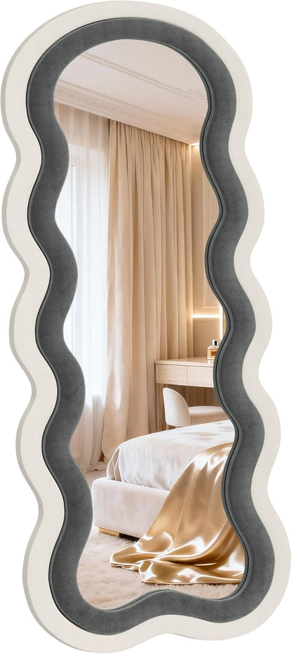 Wavy Full Length Mirror, 63"×24" Full Body Mirror with Stand, Irregular Flannel Floor Mirror Hanging or Leaning Wall for Living Room/Bedroom/Dressing Room/Dorm,Ideal for Mom