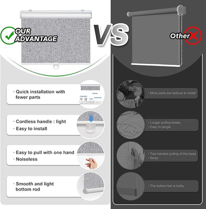 Cordless Roller Shades Blackout Blinds for Windows Room Darkening Rolled Up Shades with Spring System, UV Protection Natural Linen Fabric Window Shades Door Blinds for Home,26" W x 72" H, Heather Grey
