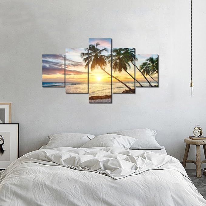 Sunset Palm Beach Ocean Landscape Seascape Modern Pictures Painting on Canvas 5 Panels Combination Enlarge for Wall Art Living Room Home Decor Framed Stretched (60" W x 40" H)