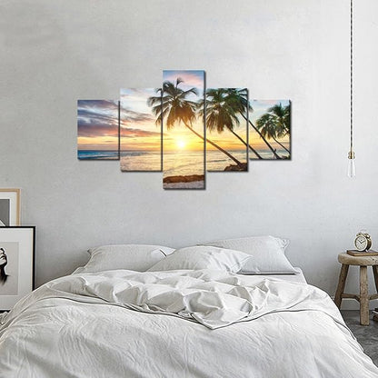 Sunset Palm Beach Ocean Landscape Seascape Modern Pictures Painting on Canvas 5 Panels Combination Enlarge for Wall Art Living Room Home Decor Framed Stretched (60" W x 40" H)