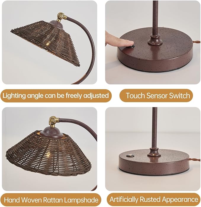 Woven Rattan Table Lamp, Boho Handmade Rattan Shade, Anti-Rust Iron Base Vintage Dark Brown Plug in Desk Lamp, Plug & Play Bedside Nightstand Lamp for Bedroom Living Room Home Office, Bulb Included