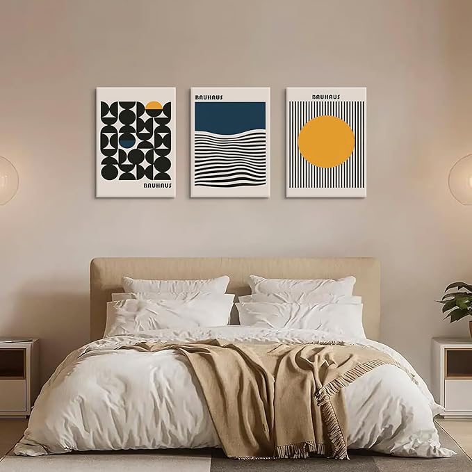 3Pcs Bauhaus Style Wall Art Bohemian Abstract Wall Decor Minimalist Canvas Mid Century Moderngeometry Poster Prints Painting Picture Suitable for Living Room Bedroom （16x24 Canvas）