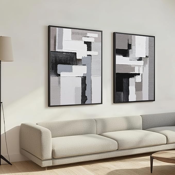 Textured Abstract Wall Art 3D Hand-painted Plaster Neutral Taupe Black White Tones Painting - Distressed Dimensional Minimalist Modern Living Room Bedroom Decor Framed Set of 2-24"x36" Each