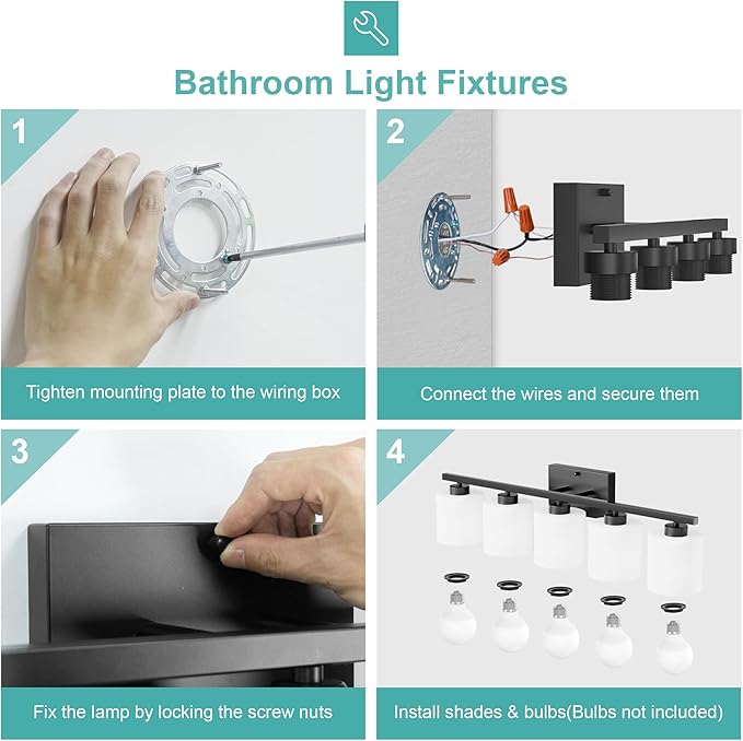 Honesorn 5-Light Vanity Lights, Matte Black with Frosted Shade & Anti-Rust Nickel Finish, Modern Bathroom Over Mirror Light Fixtures