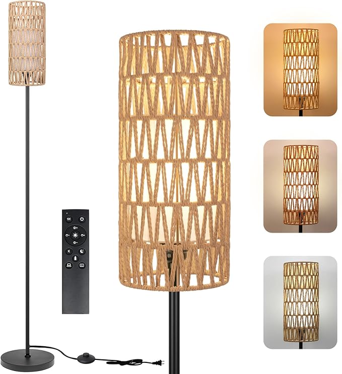 Ruiever Floor Lamp for Living Room,Farmhouse Floor lamp,Modern Standing lamp with Hand-Worked Rattan Shade (Double Shade-with Remote)