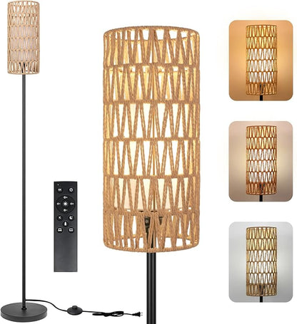 Ruiever Floor Lamp for Living Room,Farmhouse Floor lamp,Modern Standing lamp with Hand-Worked Rattan Shade (Double Shade-with Remote)