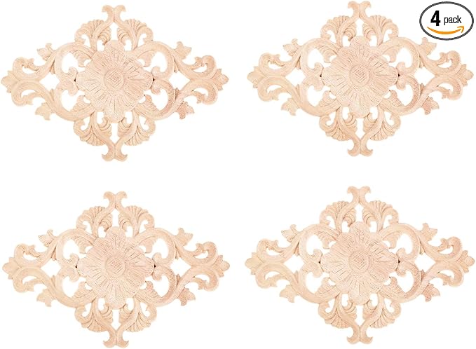 Wood Carved Appliques, 4Pcs Wooden Decorative Onlays, MUXSAM Unpainted Furniture Center Decals for Cabinet Dresser Bed Door Wall Wardrobe Ceiling Decoration Home DIY Project, 21x15cm/8.27"x5.9"
