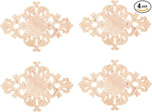 Wood Carved Appliques, 4Pcs Wooden Decorative Onlays, MUXSAM Unpainted Furniture Center Decals for Cabinet Dresser Bed Door Wall Wardrobe Ceiling Decoration Home DIY Project, 21x15cm/8.27"x5.9"