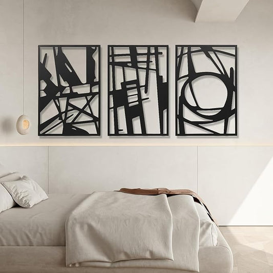 AMAATE 3 Piece Modern Abstract Black Metal Wall Art, Minimalist Geometric Line Art Wall Sculptures, Hollow Out Metal Hanging Decor for Living Room Bedroom Office Home Decor, 11" X 14.6" in