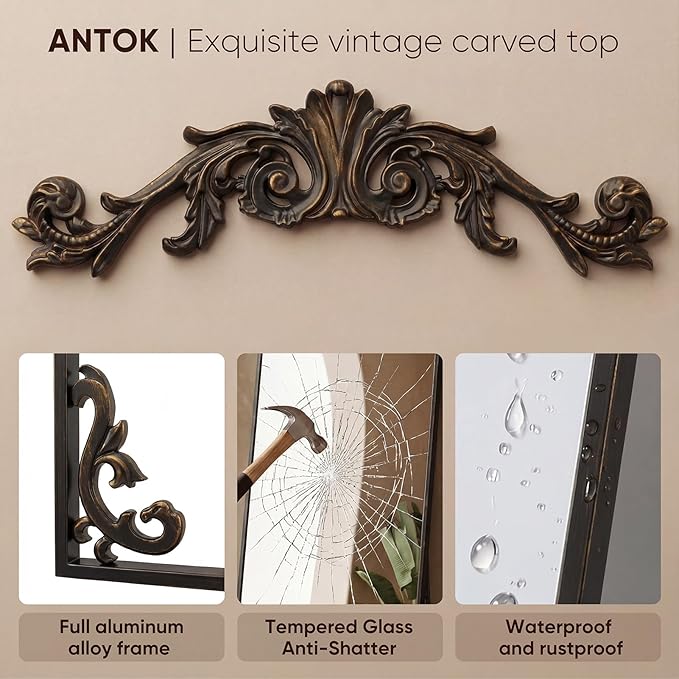 Antok Arched Full Length Mirror, 71"x32" Floor Mirror with Carved, Full Body Mirrors for HomeDecor, Standing/Halling Large Wall Mirror for Bedroom, Living Room, Cloakroom, Bronze, Luxury Style