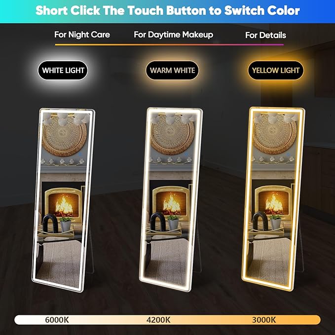 DUMOS 21"×64" LED Full Length Mirror with Lights, Lighted Floor Full Body Mirror with 3 Color Lighting, Wall Mounted Stand Mirror for Bedroom, Dressing Room, Living Room, Bathroom