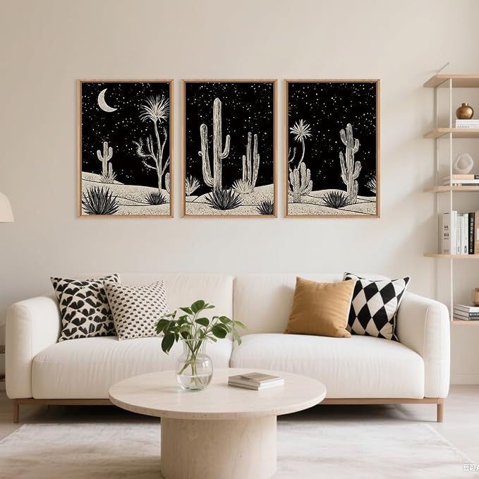 Desert Night Cactus Framed Wall Art Set,Modern Southwestern Black and White Wall Decor,Nature Rustic Moon and Stars Artwork for Living Room,Bedroom-16 x24 x3