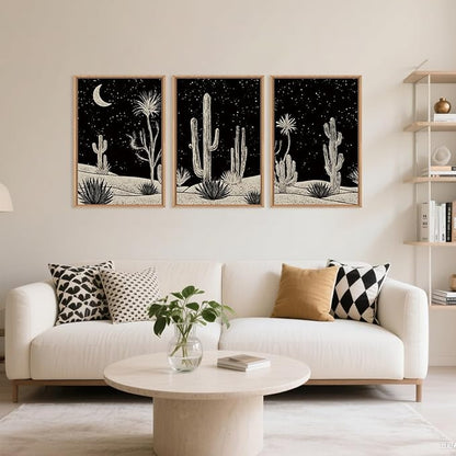 Desert Night Cactus Framed Wall Art Set,Modern Southwestern Black and White Wall Decor,Nature Rustic Moon and Stars Artwork for Living Room,Bedroom-16 x24 x3