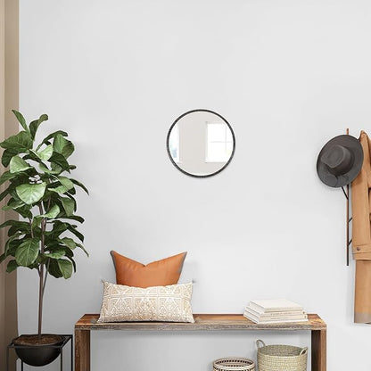 JJUUYOU Rustic Round Mirror, Hanging Wall Decorative Small Mirror Natural Wooden Farmhouse Frame with White Wash Edge for Bedroom, Bathroom or Dorm 23CM