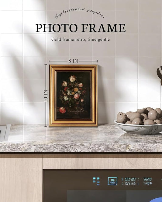 VIYYIEA Vintage Gold Framed Floral Wall art, Dark Rose Academia Moody Traditional Decor, Aesthetic Classical Roses and Tulips Baroque Still Life Pictures for Bedroom Living Room, 8x10inch