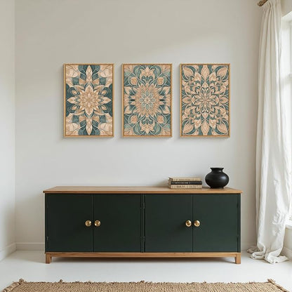 HLNIUC Mandala Boho Framed Canvas Wall Art, Vintage Green Abstract Flower Decor, Scandinavian Botanical Artwork Set of 3(16x24), Southwestern Mexican Bohemian Prints for Living Room, Bedroom, Office