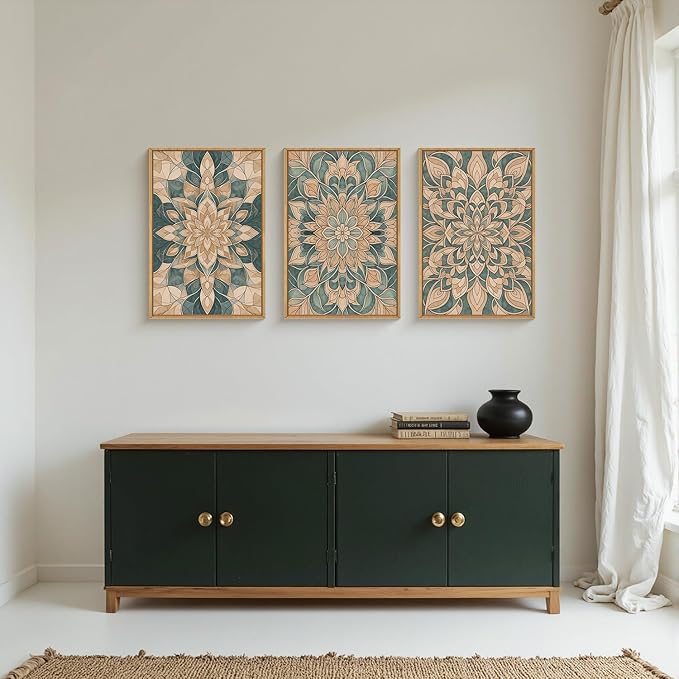 HLNIUC Mandala Boho Framed Canvas Wall Art, Vintage Green Abstract Flower Decor, Scandinavian Botanical Artwork Set of 3(24x36), Southwestern Mexican Bohemian Prints for Living Room, Bedroom, Office