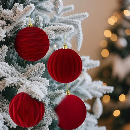 Liliful 12 Pcs Velvet Christmas Ornaments Balls, 4 Inch Flocked Plastic Christmas Tree Ball Shatterproof Hanging Ornaments Decorations for Xmas Tree Vintage Holiday Rustic Home Decor(Wine Red)
