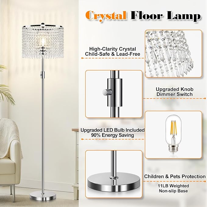 【Upgraded】 Dimmable Crystal Floor Lamps for Living Room, 1000LM LED Bulb Included, Standing Lamp with Knob Switch, Tall Silver Modern Floor Lamp for Bedroom Nursery Office Reading