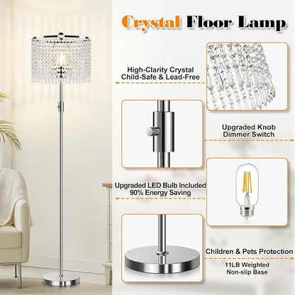 【Upgraded】 Dimmable Crystal Floor Lamps for Living Room, 1000LM LED Bulb Included, Standing Lamp with Knob Switch, Tall Silver Modern Floor Lamp for Bedroom Nursery Office Reading