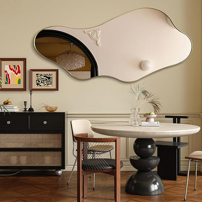 Large Irregular Mirror, 55"x25.6" Asymmetrical Mirrors with Gold Metal Frame, Modern Unique Shaped Abstract Mirror for Living Room Bathroom Bedroom Entryway, Hangs Horizontal Or Vertical